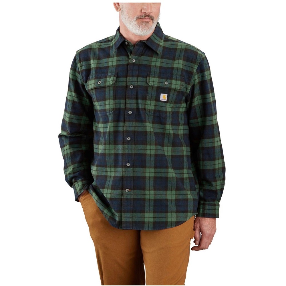 Carhartt Mens 2XL Tall Loose Fit Flannel Plaid Long Sleeve Work Shirt Green Navy